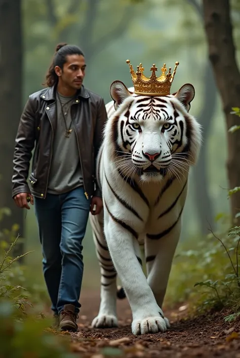 A handsome, dignified Indonesian man, 36 years old, with shoulder-length hair tied up, wearing a ramones leather jacket and jeans walked side by side with a giant white tiger khodam with a gold crown on his head in the forest. The entire body of the giant ...