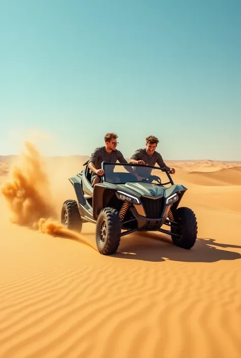 Two men in their 20s riding car sand dunes