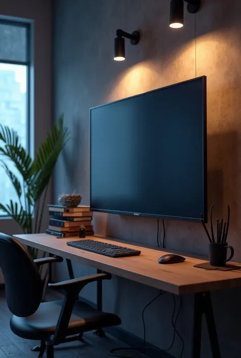 "YouTube studio room, a screen and television hanging on the wall, and a blurred background."