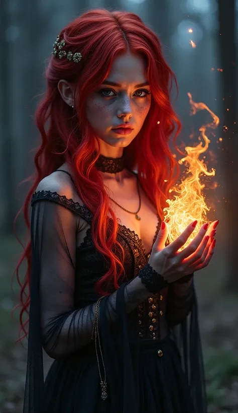 A spirit girl from a dark aura devours enemies she has red hair a dark transparent dress that glows in the dark she has a very beautiful body in her hands she holds a ball of fire The girl has freckles under her eyes red hair made of purple strings that gl...