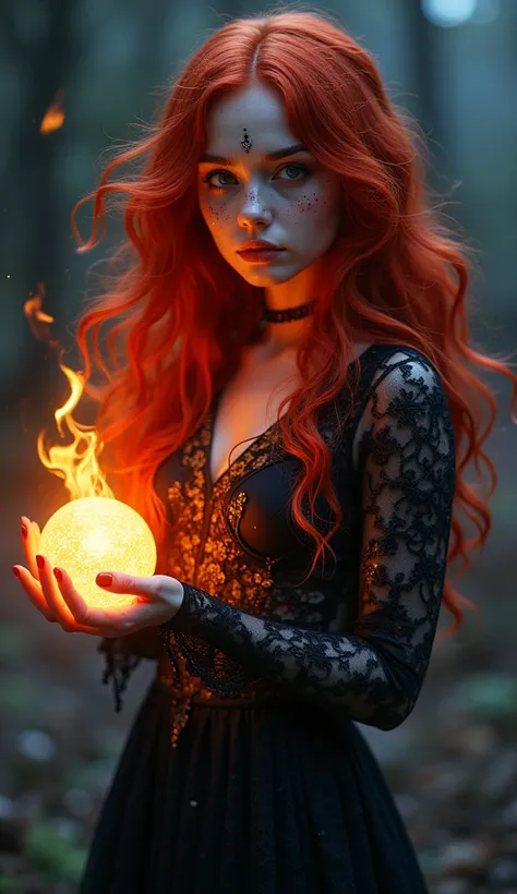 A spirit girl from a dark aura devours enemies she has red hair a dark transparent dress that glows in the dark she has a very beautiful body in her hands she holds a ball of fire The girl has freckles under her eyes red hair made of purple strings that gl...