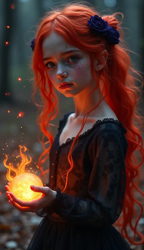 A spirit girl from a dark aura devours enemies she has red hair a dark transparent dress that glows in the dark she has a very beautiful body in her hands she holds a ball of fire The girl has freckles under her eyes red hair made of purple strings that gl...