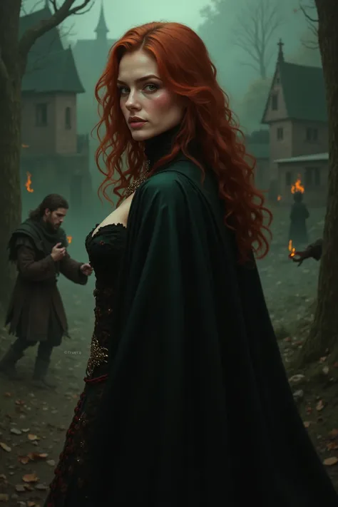 Attacked by a Succubus, Masterpiece, From behind,  25, young seductive redblonde female Witch apprentice, flames in brown eyes, black cloak, confident face, delicate detail. ultra details. highly detailed characters, dark atmospere, in the background a med...