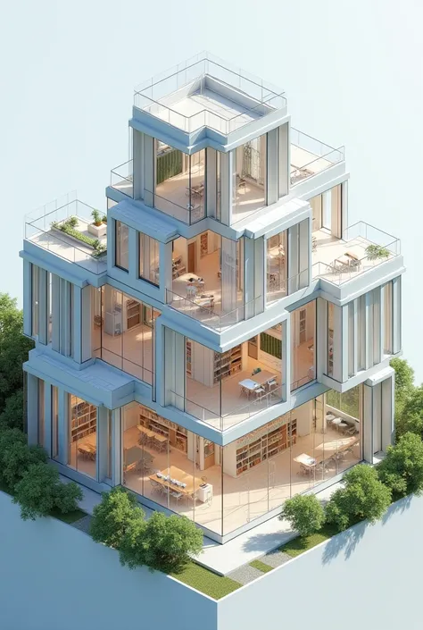 Hyperrealistic 3D architectural rendering: Multidisciplinary art classroom, nine identical trapezoidal isosceles prisms (glass & steel) surrounding taller central prism. 10-meter high, two-story, large windows, flexible art studios (modern furniture/techno...