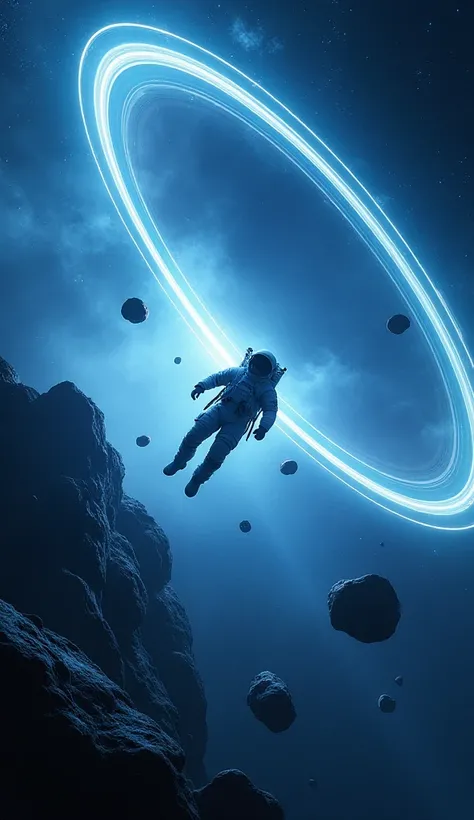 An ultra-realistic and immersive space scene, depicting an astronaut free-falling in space among asteroids and space rocks. The background is dominated by a glowing planetary ring, with blue and white lights that create a cosmic aurora borealis effect. The...