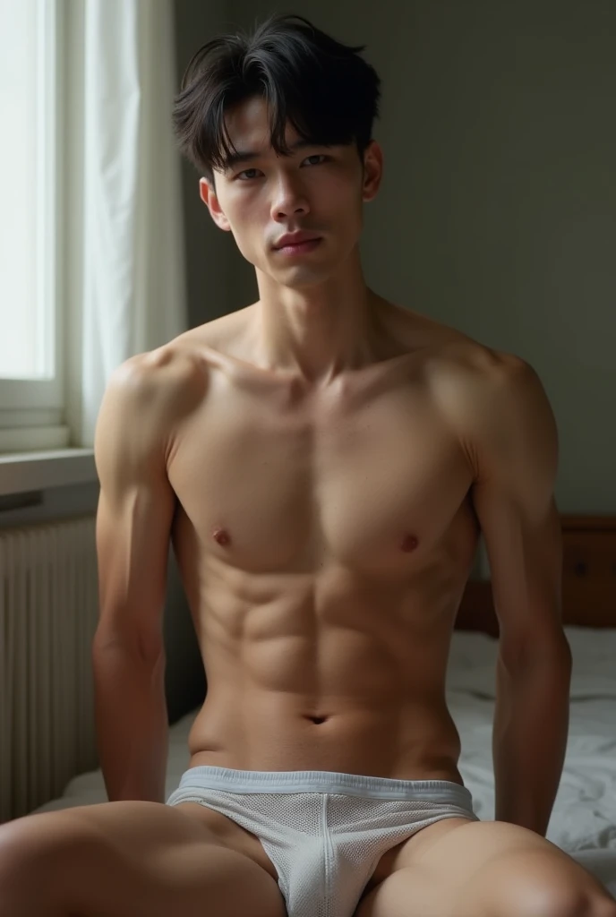 realistic, photographic, 21 years old boy, lean skinny body, twink, handsome, Vietnamese, short hair, sitting in the room, mesh briefs, shirtless, sweaty skin, hairy navel, hairy thighs, athletic boy, spread legs, 