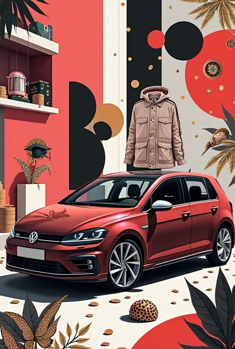 "Create an aesthetic collage-style phone wallpaper featuring the following elements, with each item of equal size and balanced placement:

A small, humble Volkswagen Golf car, symbolizing practicality and personal growth, placed subtly in the collage.
An i...