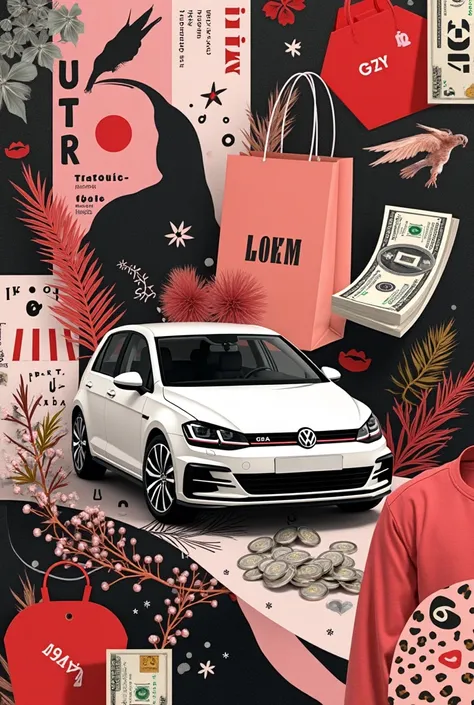 "Create an aesthetic collage-style phone wallpaper featuring the following elements, with each item of equal size and balanced placement:

A small, humble Volkswagen Golf car, symbolizing practicality and personal growth, placed subtly in the collage.
An i...