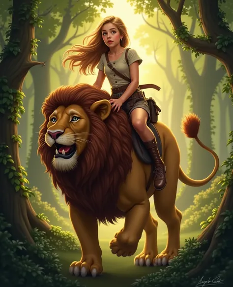 A girl riding on a lion, Illustrations, best quality, ultra-detalhado, Realistic, cores vibrantes, Bokeh, tons quentes, soft lighting, luscious greenery, sela ornamentada, Fechaduras douradas fluidas, majestosa juba, fierce expression, Adventurous Spirit, ...