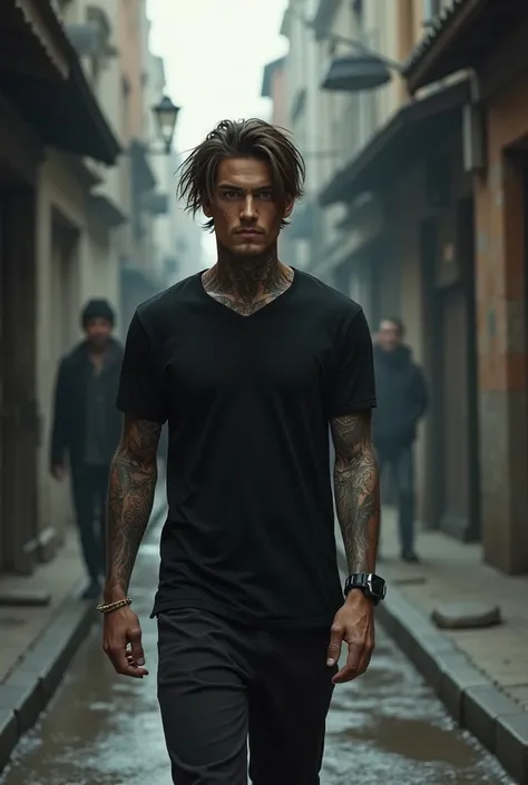 Young man with long hair and tattoos with Black t-shirt walking down the street 