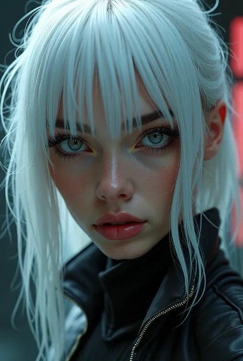 white hait cyberpunk girl 25yo ultra realist front