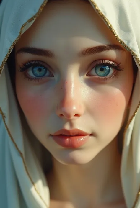 Create a photo of the Hail Mary's face up close with eyes open and blue