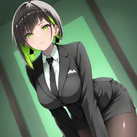 masterpiece, (((( best quality )))),1 girl, Japanese Anime ,,shiny skin, wearing a black suit,skirt suit, black tie , dark hair, short bob hair,The inner color of the hair is green, green eyes,isosceles triangle earrings, black tights,large breasts