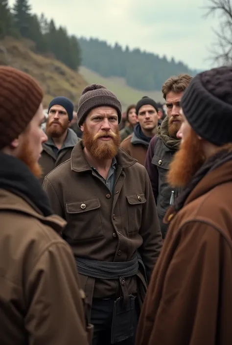  A group of many young Jewish men meeting with Jewish women in front of a village , focus on the characters' faces and real image scenery .