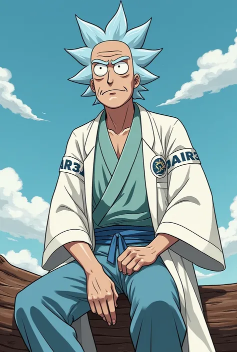 Créer une image en version animé de Rick Sanchez avec ses cheveux en pics, mais avec le style de Sangoku : un kimono blanc et une ceinture bleue. Son expression serait à la fois déterminée et badas. sur son bras, une banderole écrit AIR3 en lettres stylisé...