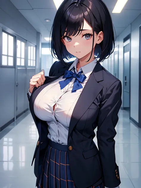  A beautiful girl is standing in the school hallway,  looking at the viewer, I'm squinting,The neck is visible, navy blue blazer, white blouse,  Plaid Pleated Skirt,( black hair short bob),(Big Breasts:1.6), high image quality 