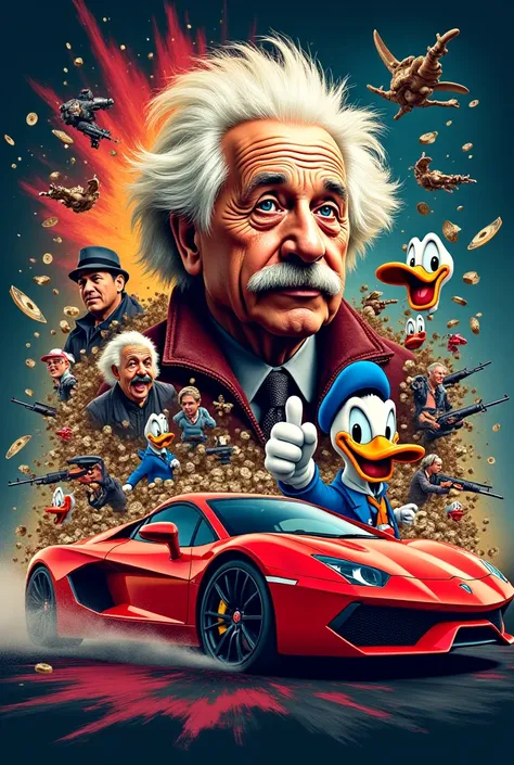 Create a print for the Kuttstore brand with Einstein Money Scrooge Scrooge Donald Duck weapons and super fast cars and super fast motorcycles