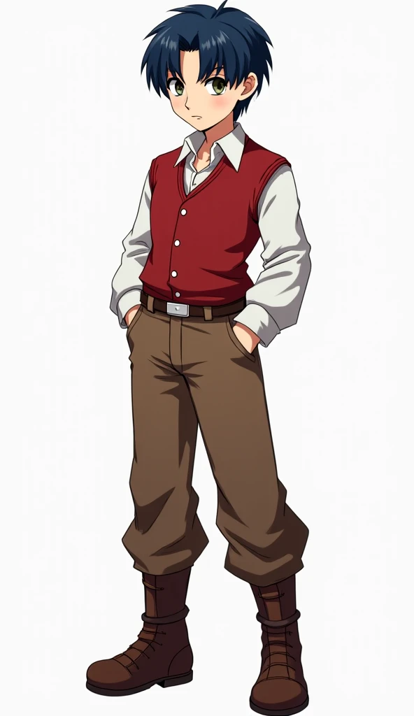  ADULT human messenger of a height of 1.7 M. White-skinned, adult and thin, short dark blue hair brushed backwards .  He wears a white long-sleeved shirt , red vest closed by buttons, The vest is fastened by a belt,  brown pants , and brown boots.  his rig...