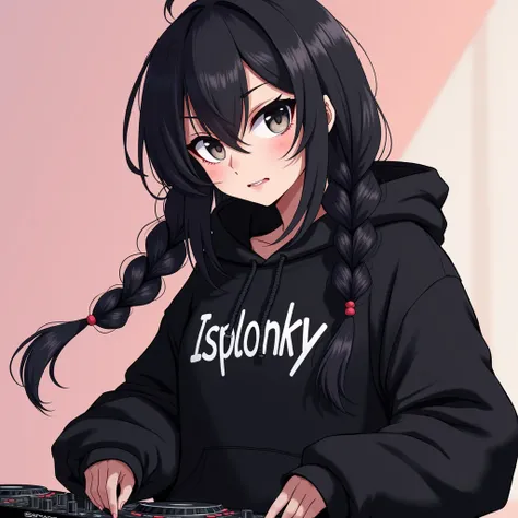 Very beautiful anime girl with long black hair braided in two braids. She wears an oversized black hoodie with ISploinky written on it. She is wearing .She looks sideways aggressively.She has a dj remote at hand.