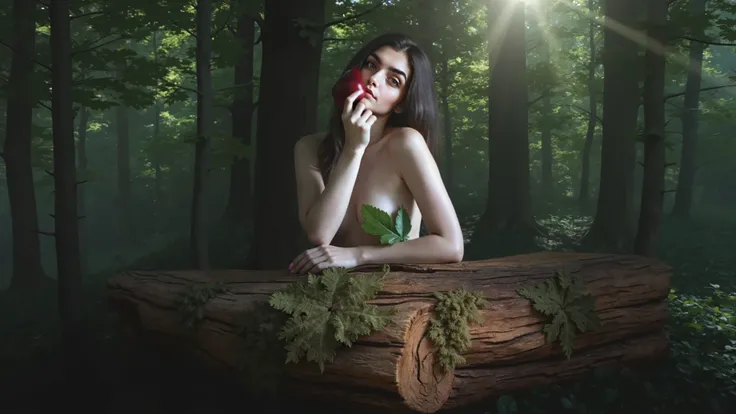  that appears to be a portrait of a young woman sitting on a tree trunk in a forest. the woman is naked, with her body partially covered by a green leaf on her chest. she is holding a red apple in her hand and is taking a bite out of it with her eyes close...