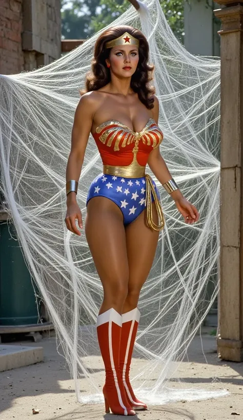 (WRAPPED AND TANGLED UP INSIDE A GIANT WHITE SILK SPIDER WEB) A SEXY LYNDA CARTER AS THE ICONIC 1960 WONDER WOMAN, WEARING A SPANDEX WONDER WOMAN COSTUME, SPANDEX PATRIOTIC BLUE SKIRT. A TRI-COLOR PATRIOTIC CAPE, RED WONDER WOMAN BOOTS. HER GOLDEN LASSO AT...