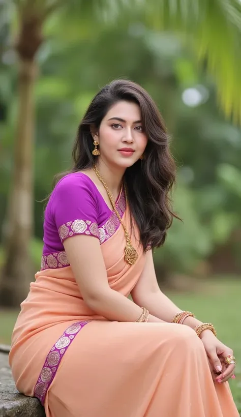 A no ornamentes full photo of a malayali house wife, curvy , wearing peach cotton saree with  and violet blouse, wet hair falling in her face, light pink lips,chubby cheeks look at viewer, pale face, photo shoot for ethnic sarees, sitting pose, her feet is...