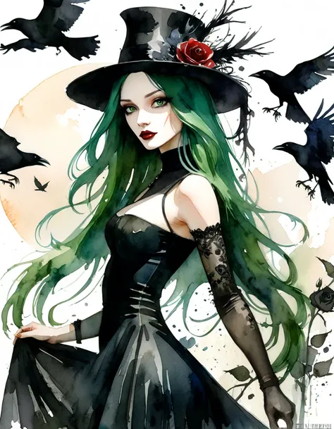 sexy girl, long green hair, black hat, elegant black dress, white background, crows, black roses, watercolor sketch style, watercolor, inspired by the art of Bill Sienkiewicz and Dave McKean, (best quality, 4k, 8k, high resolution, masterpiece: 1.2), ultra...