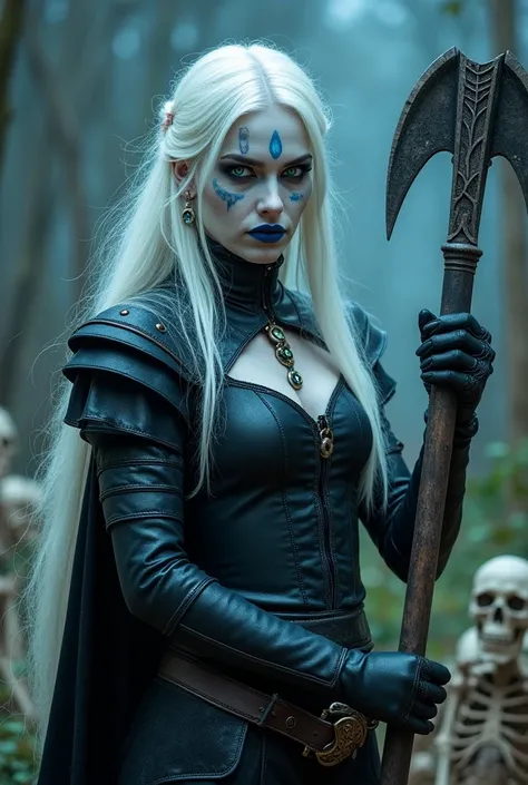 Create an image of a woman who has the magic to summon the dead, A Necromancer,  with a bright blue pupil and a black eye sclera.  with long white hair and pale skin , With blue lipstick on the lips, with multiple face piercings, holding a large two-handed...