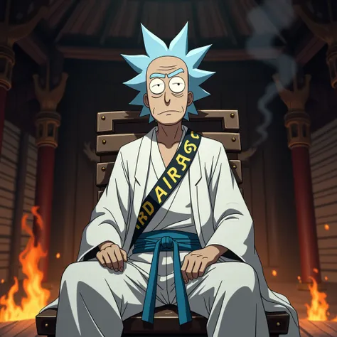 Créer une image en version animé de Rick Sanchez avec ses cheveux en pics, mais avec le style de Sangoku : un kimono blanc et une ceinture bleue. Son expression de visage serait déterminée. une banderole écrit AIR3 en lettres stylisé, Ils serait assis sur ...