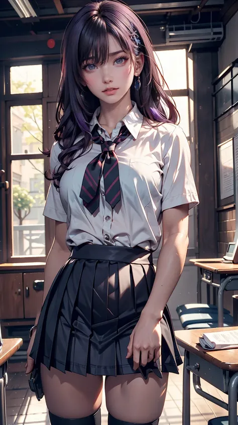 2D,  Masterpiece,  top quality, Anime,  very detailed,  1 girl, Alone, Yuri,   purple eyes ,  purple hair,  hair between eyes,  hair clip,  school uniform ,  Micro Mini Pleated Skirt、Upper Thigh Exposure 、Yandere face、