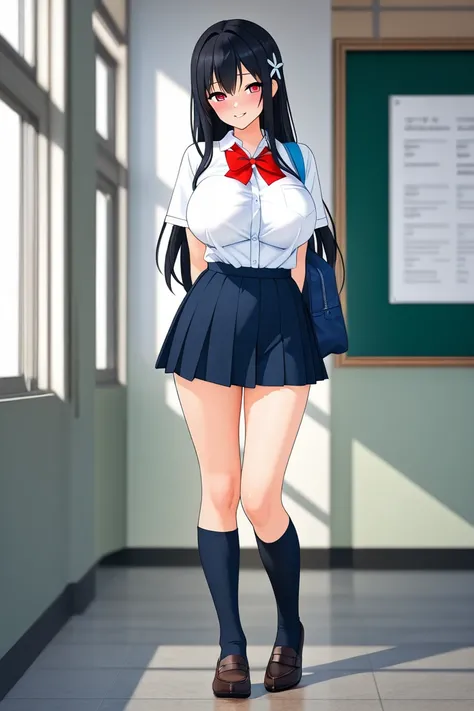  beautiful 3d anime style girl,  with big breasts,   ,  schoolgirl clothes, In a school, showing breasts to the spectator and smiling