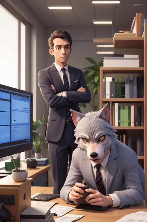 Werewolf in a suit working on a computer in the office in a building in a big city