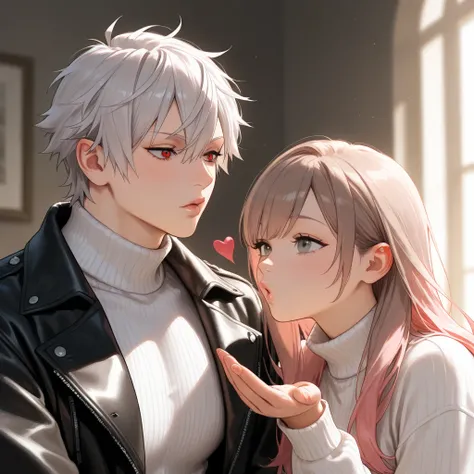 1girl 1boy, couple, blowing kiss, milling, high collar sweater, long light pink hair, gray eyes, long dark brown hair, red eyes, leather jacket, white clothes, leaning together, semi-realistic, detailed face, high detail, high quality, solo, muscular, roma...