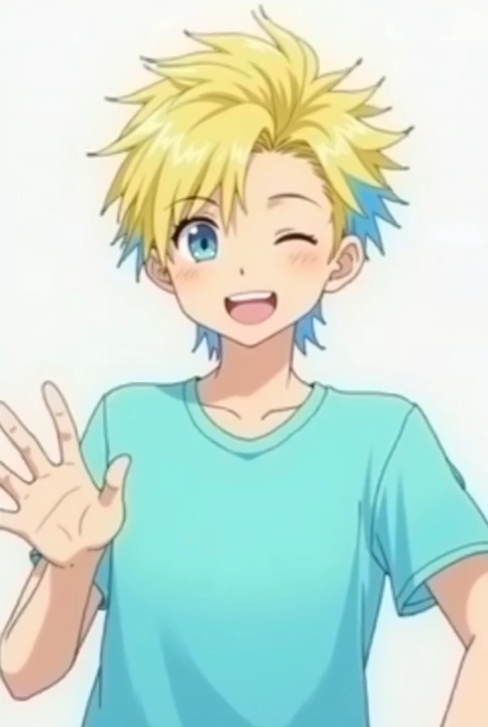 An anime-style young adult wearing a blond butt with blue tips and a cyan t-shirt greeting