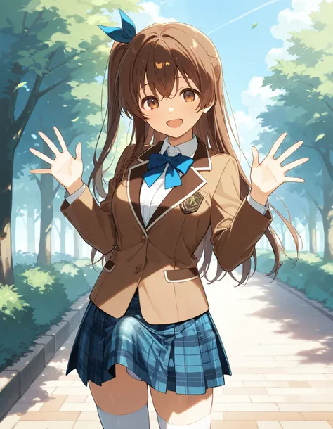 Hd,  masterpiece, smile, happy, best quality, highres,2d, anime, 1girl, long hair, one side up, solo, ponytail, brown hair, long hair, hair ribbon, brown eyes,  cowboy shot, smile, cute girl, medium breasts,  happy and confident expression, waving hands, l...