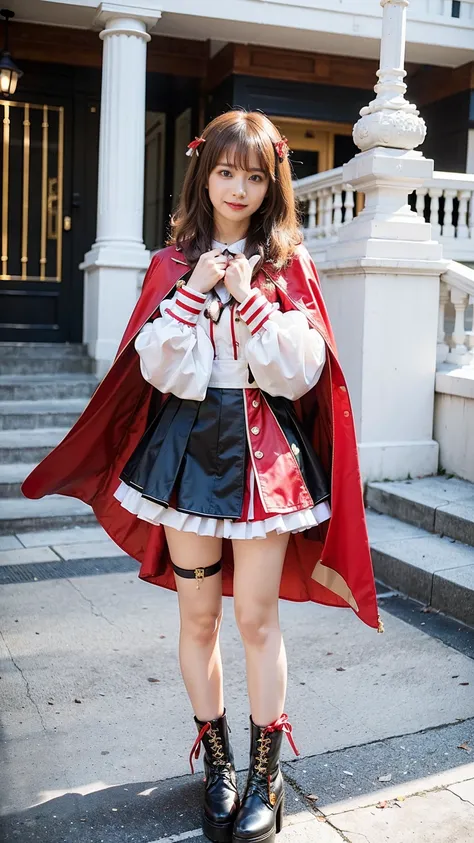 (8k、    last century raw photo  、 top quality、 Masterpiece:1.2)、( is present、 is present)、1 person、(( red and black 、Cape、   see through 、frills、ribbon、  check mini skirt 、 temple、 big breasts at the temple、  thin legs、 curly hair 、 night park、   standing、...