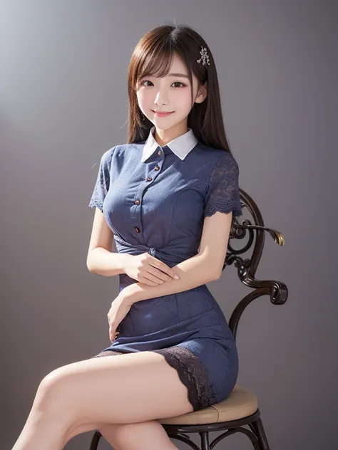 ( high image quality)、( high quality)、(tight, short-sleeved dress:1.2)、(Collared dress)、( dress with buttons on the chest)、( Japanese girl)、(smile:1.3)、( simple background:1.4)、( lace dress covered in roses:1.2)、(Young face:1.4)、( are small:1.4)、(A simple ...