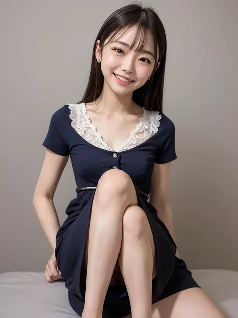 ( high image quality)、( high quality)、(tight, short-sleeved dress:1.2)、(Collared dress)、( dress with buttons on the chest)、( Japanese girl)、(smile:1.3)、( simple background:1.4)、( lace dress covered in roses:1.2)、(Young face:1.4)、( are small:1.4)、(A simple ...