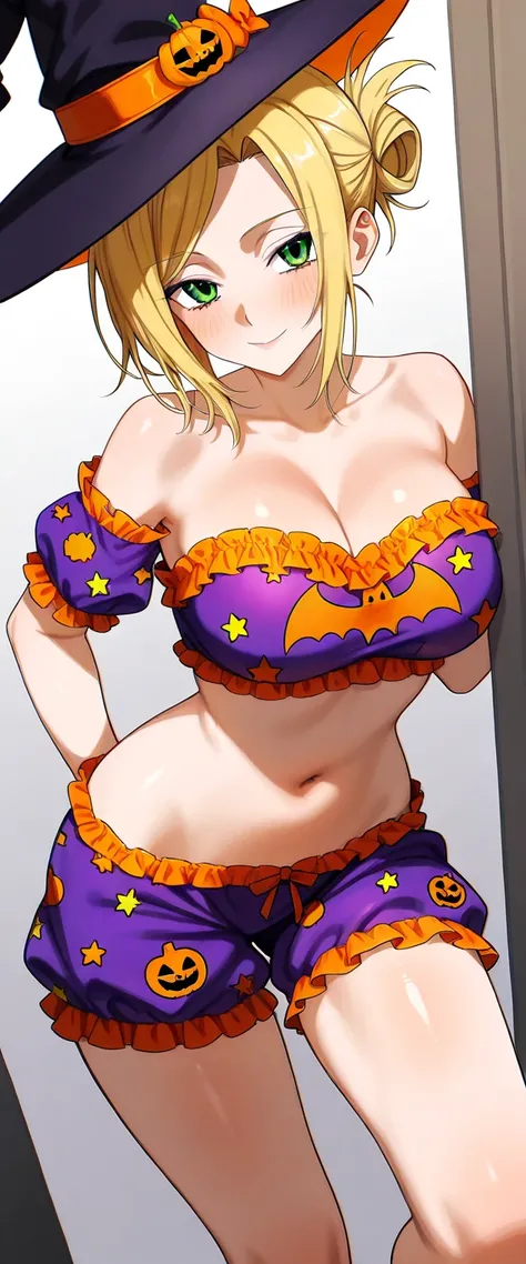 annie leonhart  , dxd, Halloween colorful strapless sleepwear, very sexy and very short to the hips with bare shoulders with a neckline that shows her big breasts and a giant Halloween hat, Smiles, flirty.