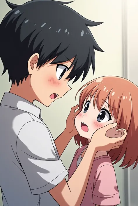 Cute anime boy slap cute anime girl at the moment of slapping 