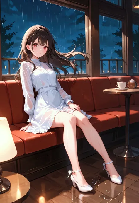 girl, in the seat, Cafe, night, sitting, smile, Closed Mouth, small breasts, shirt, night, wet, rain, White lace, White pumps, floating hair, full body, cute, 