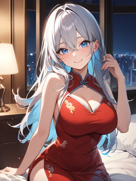 ((1girl)), (Best Quality, Very detailed, Ultra-high resolution), young adult, (smile, blue eyes, cute eyes), {large breasts}, {silver  hair, chest length hair},  red cheongsam, sexy,  night bed room