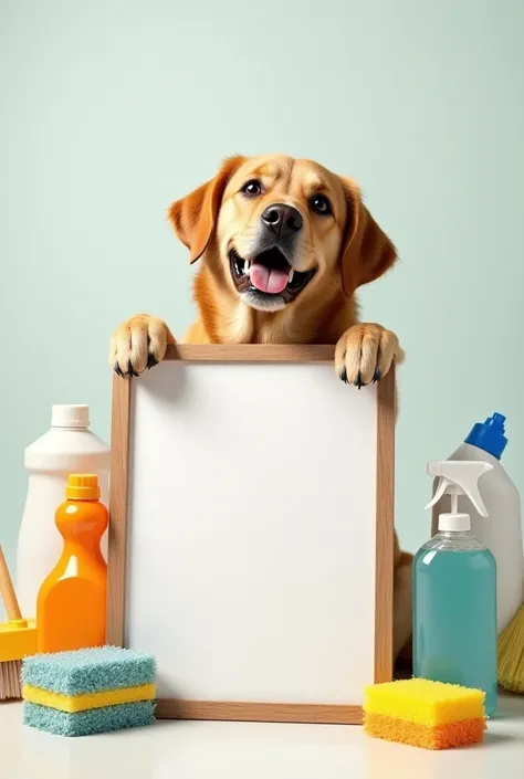 Labrador dog with cleaning products and a blank sign