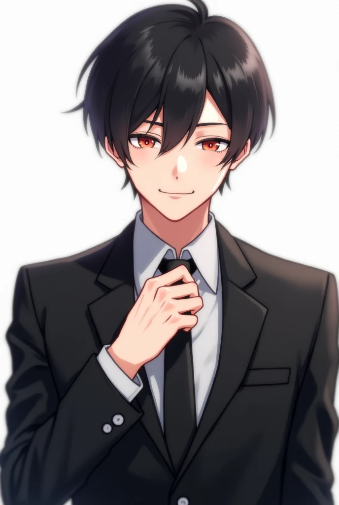 An anime-style young man in a black suit, Tightening the tie