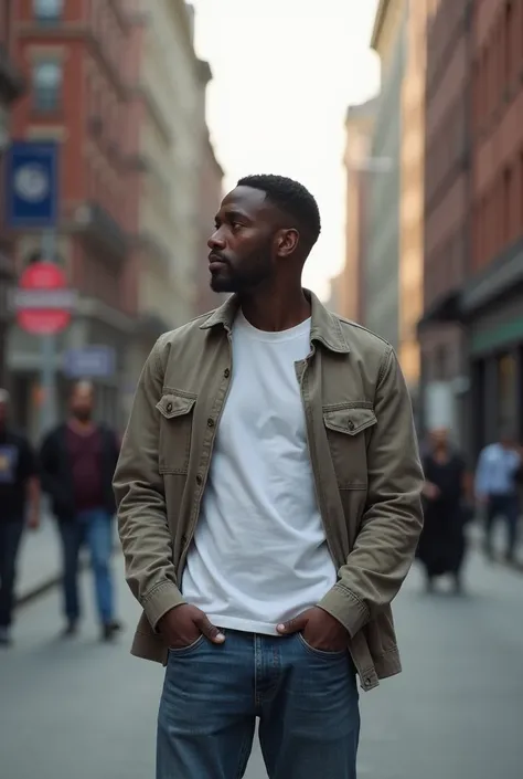 A realistic shot of a black man, he wears casual outfit, he puts his hands in his pocket, and he turned his face to the left, he is standing in a street, photography style 