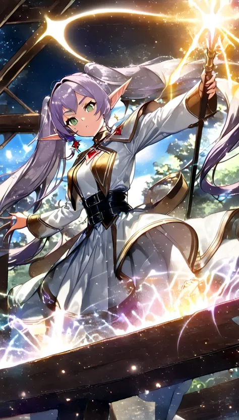   with silver twin tails and green eyes  、 A beautiful anime-inspired elf girl  ,   I'm casting a spell while holding a large wand with a shining round crystal.   wears a white and gold framed uniform  、  with a black belt I'm wearing a red jewel accessory...