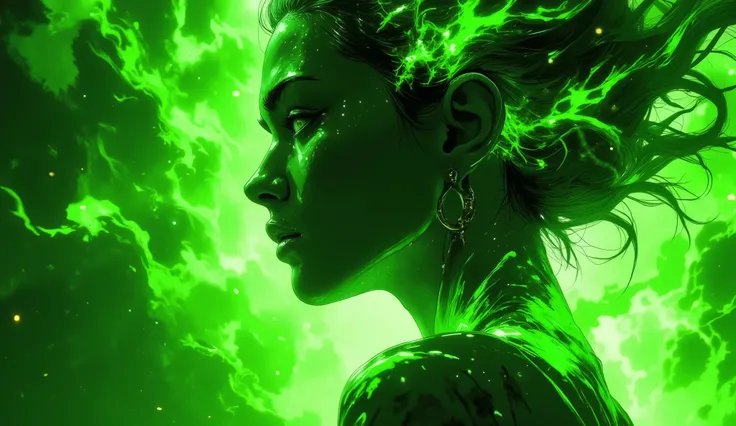  high quality, 8K ultra HD, Una hermosa  double exposure que combina una silueta de mujer con un fuego verde enorme,  el fuego verde should serve as a backdrop,  with its details incorporated into the woman , sharp lines, The background is monochrome,  sha...