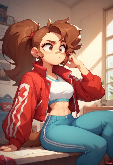 a girl,brown hair,ponytail,white inner,red open jacket,blue shortpants,sitting in room,bandaid on nose,gauze on cheek,by Diives