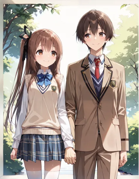 Masterpiece, hd, 1boy and 1girl, couple, holding hands, looking each other, ((smile, happy, masterpiece, best quality, highres,2d, anime, 1girl, long hair, one side up, solo, ponytail, brown hair, long hair, hair ribbon, brown eyes,  cowboy shot, smile, cu...