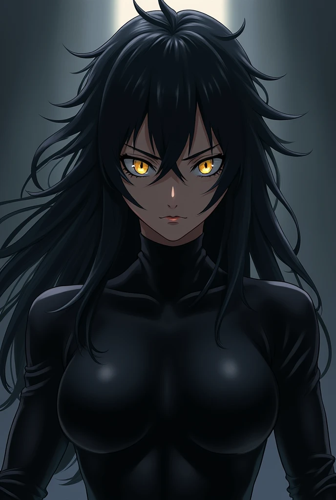 An anime,  long spiky black hair,  golden eyes,  black clothes
